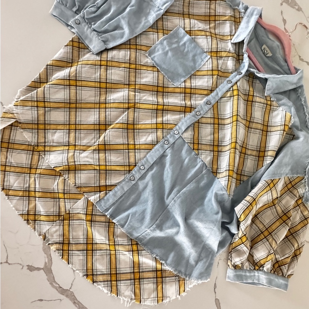 POL Blue and Yellow Plaid Tunic s/s Button Down 2X NWOT